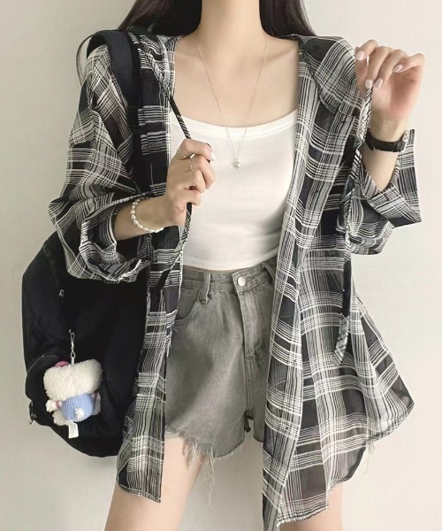 パーカー uvカット オーバーサイズチェック柄シアーシャツパーカー