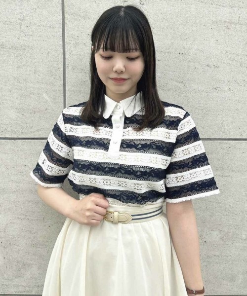 「F i.n.t」 半袖シャツ FREE ネイビー×ホワイト レディース_画像2