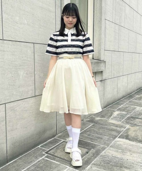 「F i.n.t」 半袖シャツ FREE ネイビー×ホワイト レディース_画像5