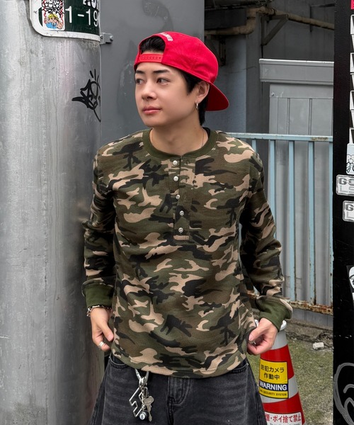 00s 迷彩 ヘンリーネック サーマルロンT ドローコード カモ柄 y2k ADAMASTE ヘンリーネック tシャツ Camo Thermal Henry Neck L/S Tee
