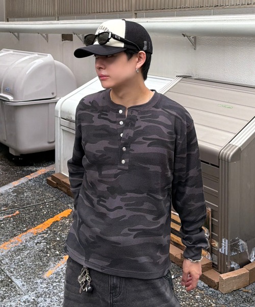 完売品　adamaste迷彩サーマルヘンリーネックTシャツ ADAMASTE ヘンリーネック tシャツ Camo Thermal Henry Neck L/S Tee