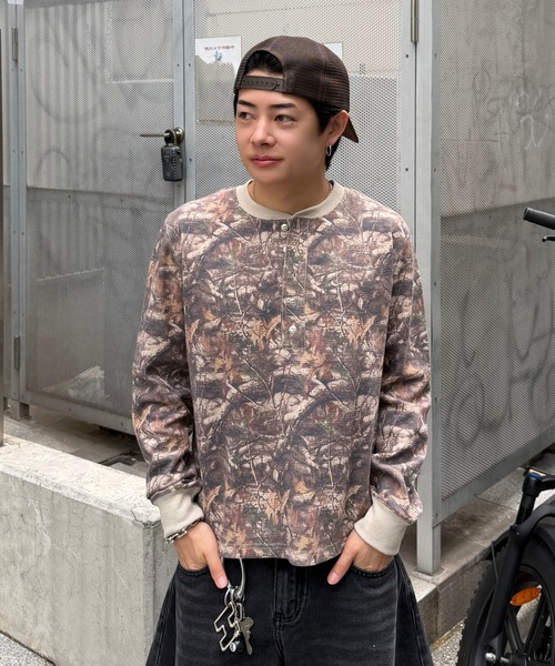 00s 迷彩 ヘンリーネック サーマルロンT ドローコード カモ柄 y2k ADAMASTE ヘンリーネック tシャツ Camo Thermal Henry Neck L/S Tee