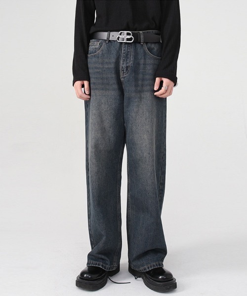 ウォッシュ レイヤード デニム ストリート ワイド ルーズ hr9391 WESTBOY ジーンズ ルーズバギーウォッシュドデニムパンツ