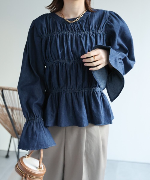 【ネイビー系（42）】デニムギャザーブラウス sakishimatokyo ブラウス シャツ デニムギャザーブラウス レディース