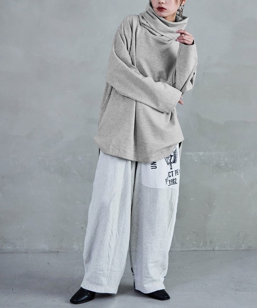 tシャツ 「M-4L」オーバーサイズハイネックプルオーバー カットソー ビッグシルエット スウェット 長袖 秋冬 レディース Fashion Letter tシャツ 「M-4L」オーバーサイズハイネックプル