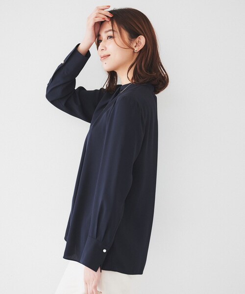 DAMA collection シルクジョーゼット　タックフレアブラウスブラック カットソー裏地付】フロントタックジョーゼットフレア5分袖