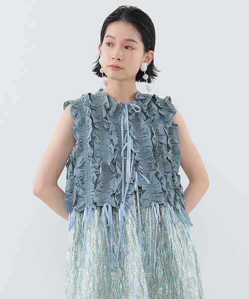 ベスト ジレ リボン フリル  ショート丈ベスト レディース