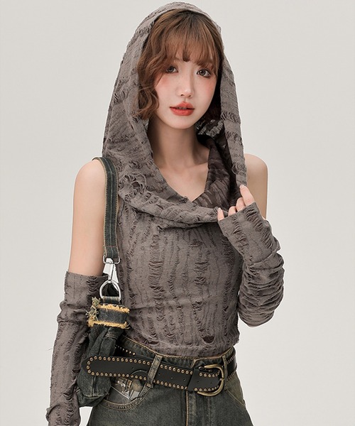 tシャツ アームカバー付き フード オフショルダートップス GH25s019 「Girlyhalo」 レディース c.u.l tシャツ アームカバー付き フード オフショルダートップス