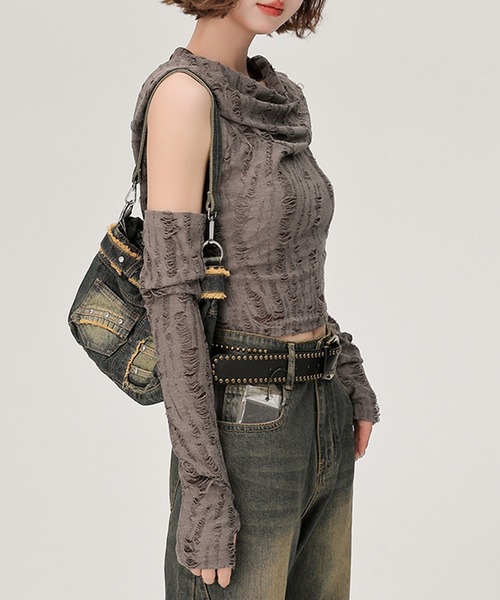 tシャツ アームカバー付き フード オフショルダートップス GH25s019 「Girlyhalo」 レディース c.u.l tシャツ アームカバー付き フード オフショルダートップス