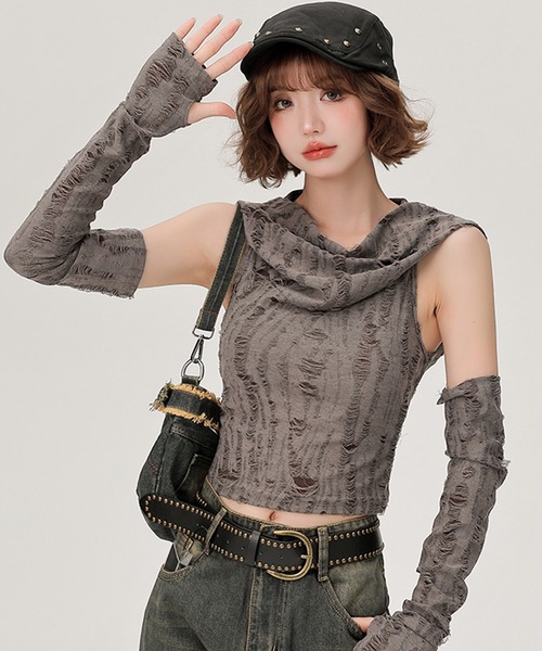 tシャツ アームカバー付き フード オフショルダートップス GH25s019 「Girlyhalo」 レディース c.u.l tシャツ アームカバー付き フード オフショルダートップス