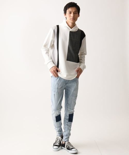 MK MICHEL KLEIN HOMME パンツ ダメージパッチワークストレッチデニム