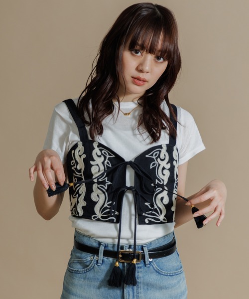 tシャツ 「WOMEN」LEIN コットンリネンアリ刺繍ビスチェ レディース