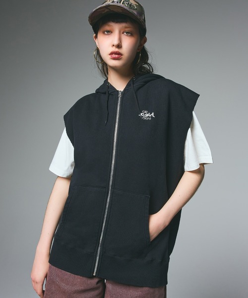 X-girl（エックスガール） ベスト ジレ DISTRESSED CIRCLE LOGO ZIP UP