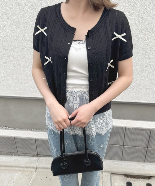 【ルネ】おリボン♡半袖カーディガン frunco カーディガン 半袖 「ZOZO限定」リボン付き半袖カーディガン