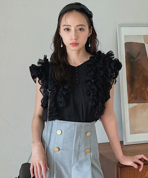 ブラウス シャツ シフォンチュールフリルシアーブラウス レディース