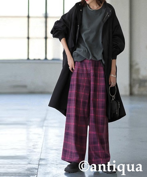 antiqua（アンティカ） パンツ チェック柄ワイドパンツ レディース