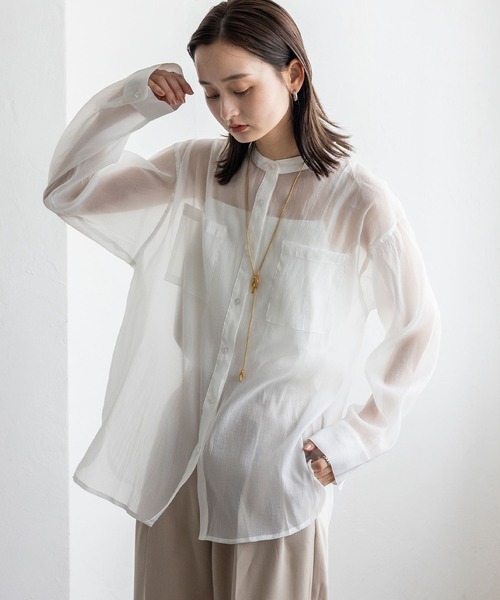 No Rule No Line ブラウス シャツ シアーバンドカラーシャツ