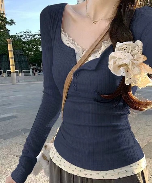 HALEY PESCA tシャツ HALEY PESCA/ヘンリーネック 花柄レイヤード