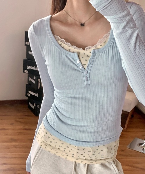 HALEY PESCA tシャツ HALEY PESCA/ヘンリーネック 花柄レイヤード