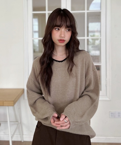 ニット セーター 「Good Riddance」ゆるVネック ステッチ パイピング