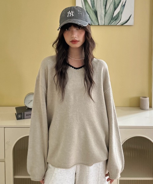 ニット セーター 「Good Riddance」ゆるVネック ステッチ パイピング