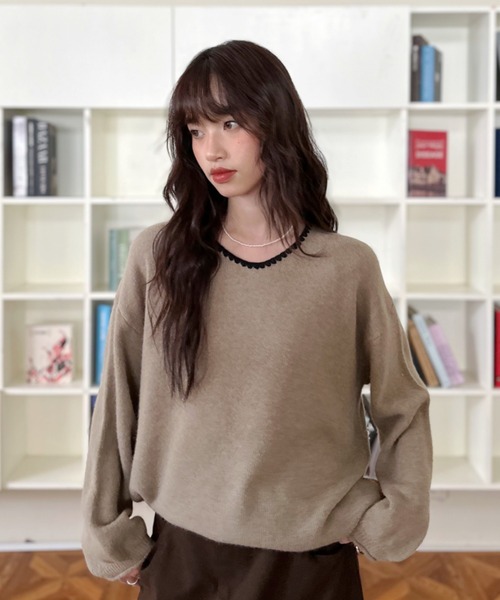 ニット セーター 「Good Riddance」ゆるVネック ステッチ パイピング