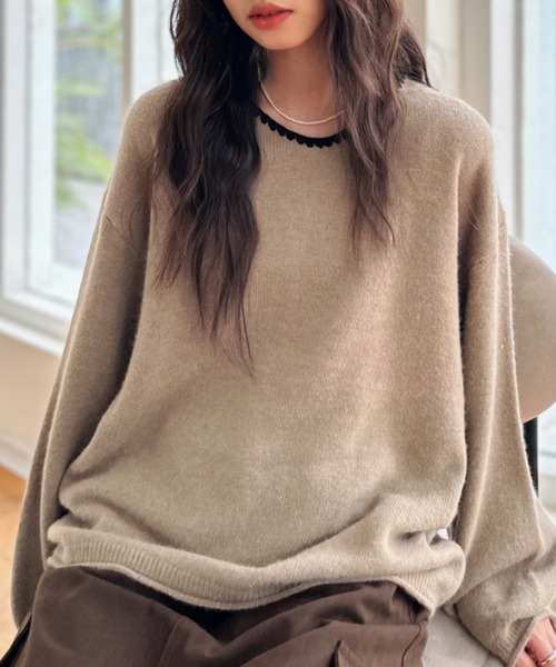 ニット セーター 「Good Riddance」ゆるVネック ステッチ パイピング