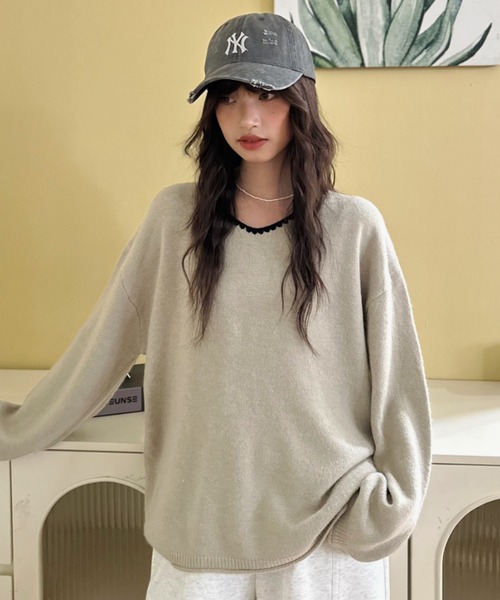 ニット セーター 「Good Riddance」ゆるVネック ステッチ パイピング