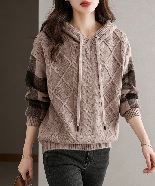 ReRe ニット セーター ケーブル編み×ボーダー袖フード付きニット