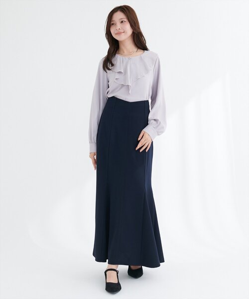 yori / ヨリ | コットン フロントフリルブラウス | 38 | ネイビー | レディース yori(ヨリ)の「【2020AW】ノーカラーフリルシャツ」 - PARTE