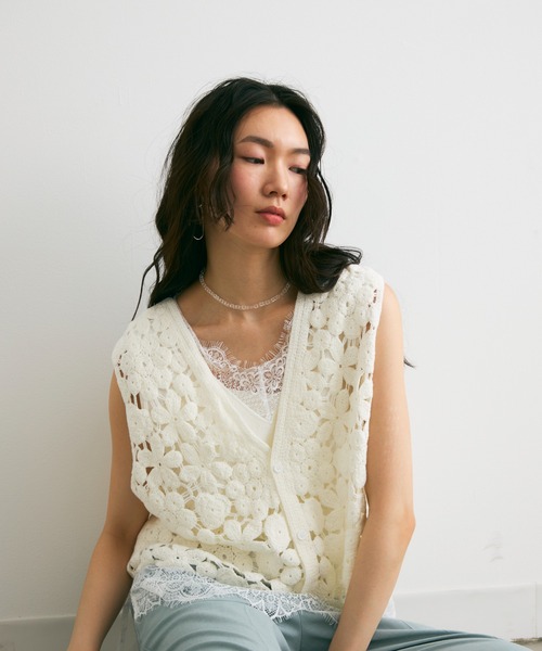 ベスト ジレ フローラルモチーフクロシェレースベスト レディース