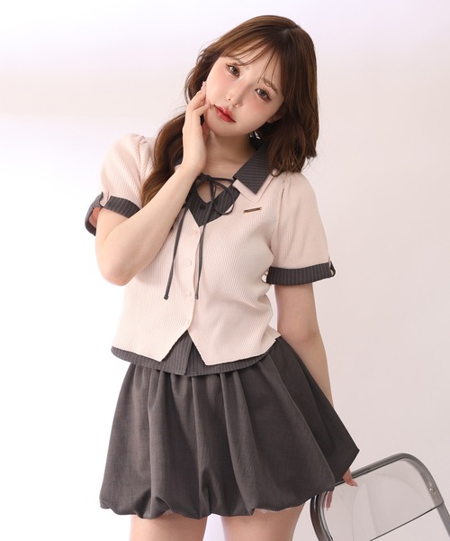tシャツ シャツドッキング半袖トップス レディースの画像