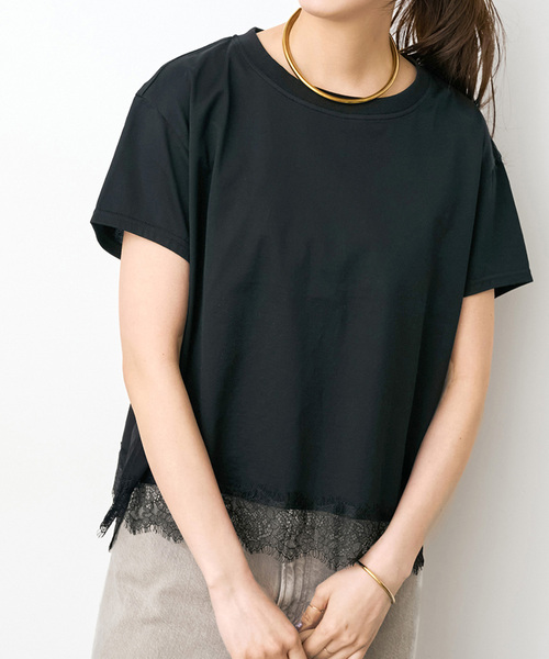 新品未使用/Spick&Span/ヘムレース付きTシャツ/黒 Spick＆Span（スピック アンド スパン） tシャツ 半袖 「追加2