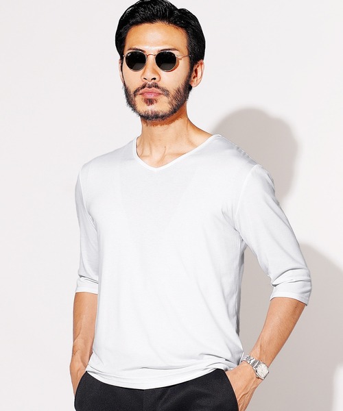 roshell tシャツ ストレッチ Vネック無地五分袖Tシャツ メンズ