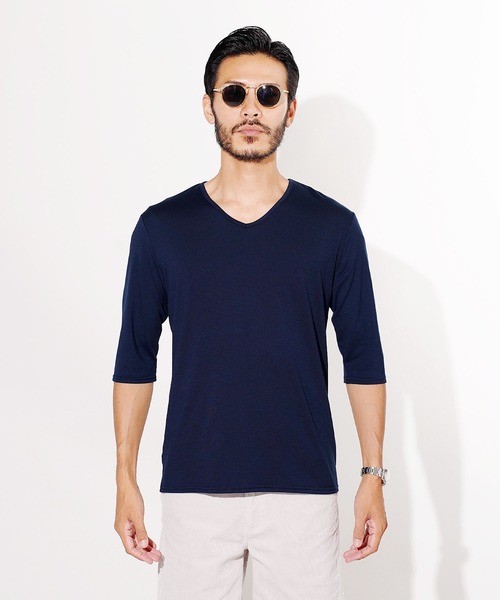 roshell（ロシェル） tシャツ ストレッチ Vネック無地五分袖Tシャツ