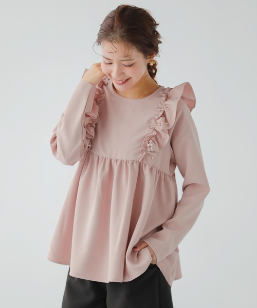 Fit more tシャツ ショルダーパールフリルペプラムトップス