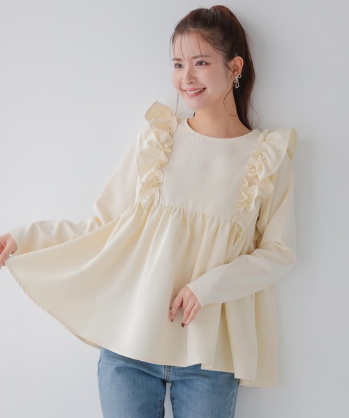 Fit more tシャツ ショルダーパールフリルペプラムトップス