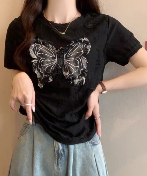 tシャツ バタフライモチーフオフショルダーTシャツ レディース DIAVEL tシャツ バタフライOR刺繍ロゴ/ サイドシャーリング