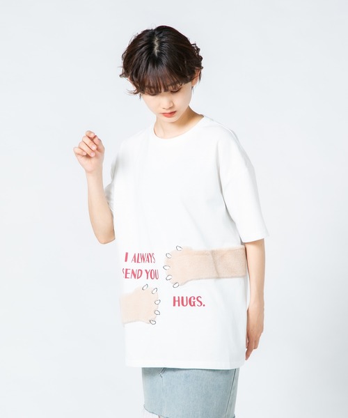 tシャツ 「Hi Hey Hoooo/ハイヘイホー」袖ボア クマ パンダ ロンT アニマルシリーズ レディース Hi Hey Hoooo/ハイヘイホー】袖ボア クマ パンダ ロンT アニマル