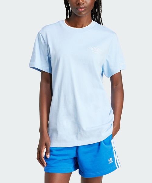 新品 女子M】アディダス adidas 半袖tシャツ　ライトブルー青紺 adidas tシャツ グラフィック 半袖ルーズTシャツ / アディダス