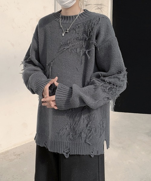 セーター ニット 「FVLMEN」fringe damage knit pullover/フリンジ