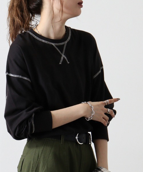 トップス Tシャツ Aライン クルーネック レース ステッチ S/M/L Amazon | [KumiModa] Tシャツ レディース 7分袖 刺繍 レース 花