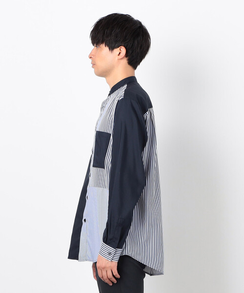 COMME CA ISM シャツ ストライプ コンビ バンドカラー メンズ