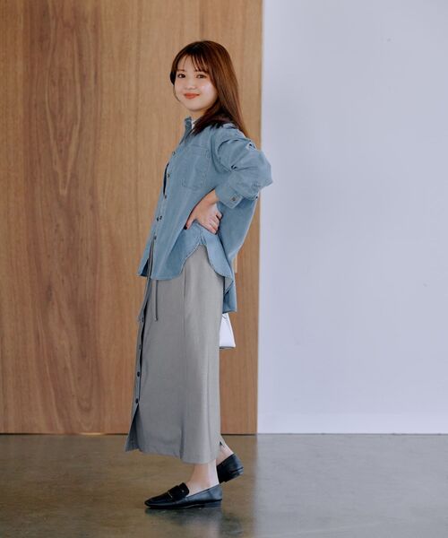 スカート フロントボタンウエストデザインIラインスカート 「低