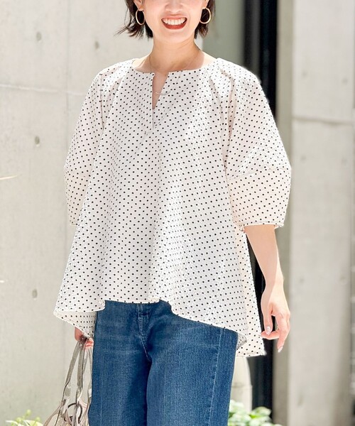 NOLLEY'S ブラウス シャツ サッカードット5分袖タックブラウス