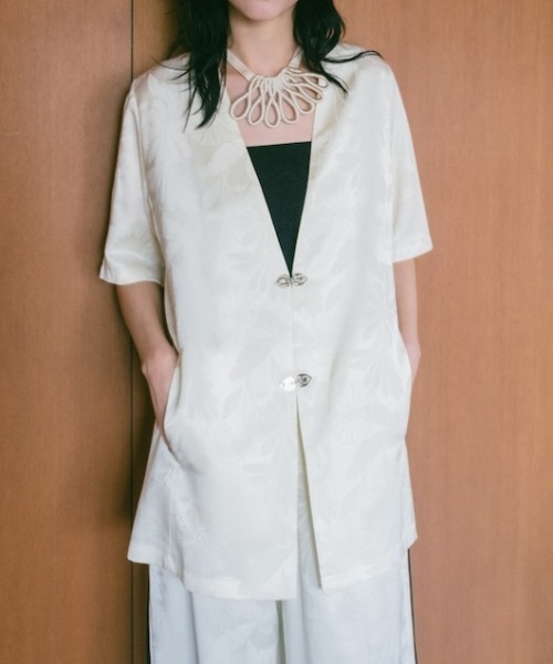 Satin Jacquard Collarless Jacket/サテンジャガードカラーレス