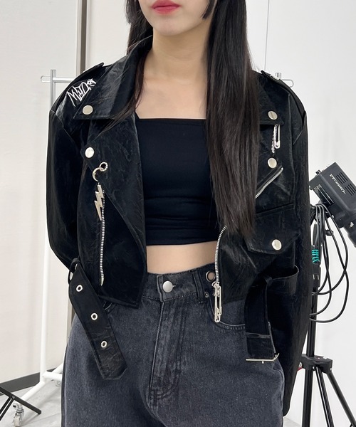 【FashionMania】　ライダース レザージャケット ライダース クロップドパンクライダース