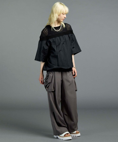 メゾンスペシャルジップ付きサテン系ブラックカーゴワイドパンツ☆36 MAISON SPECIAL カーゴパンツ Zip Design Satin Cargo Pants