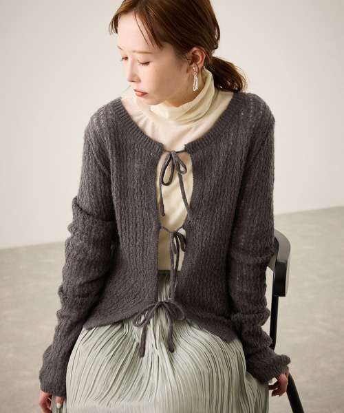 Rene フード付きニットカーディガン ネイビー 36 ショート丈 メッシュ ROPE' PICNIC（ロペ ピクニック） カーディガン レース編みメッシュ