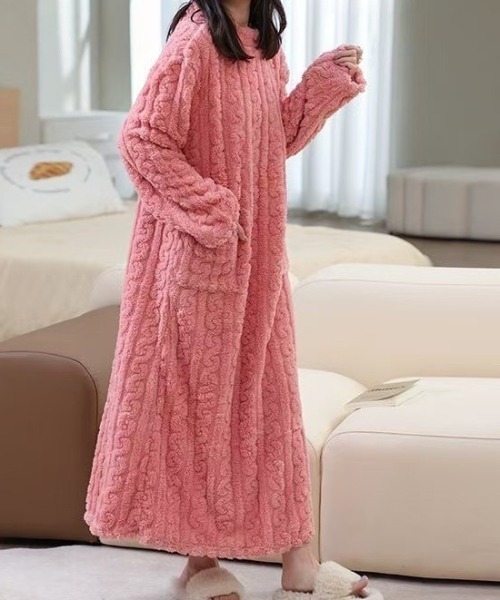 パジャマ ルームウェア ふわふわケーブルルームウェアワンピース